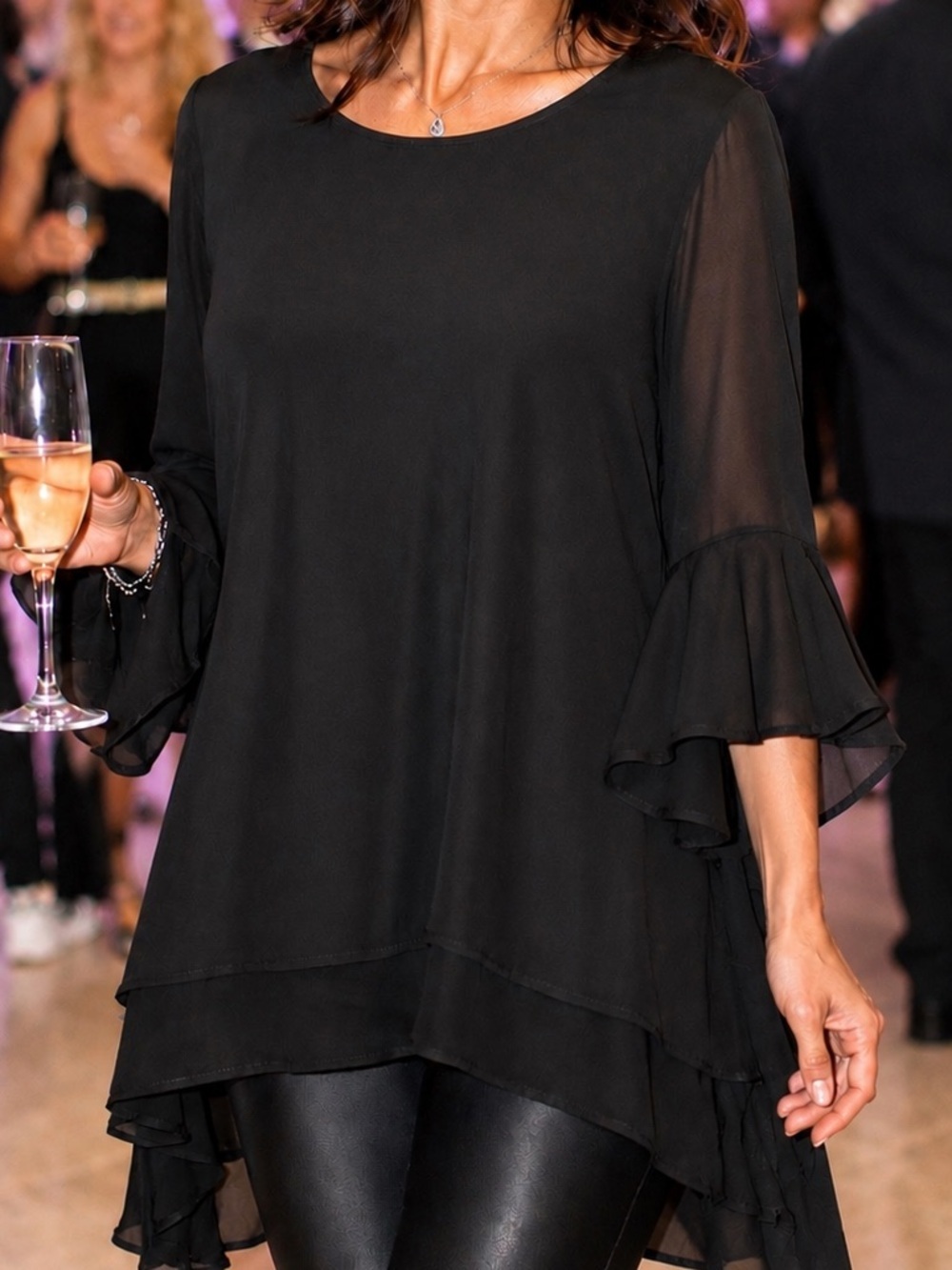 Symple black layered chiffon tunic with bows Sz 1X